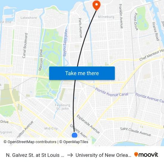N. Galvez St. at St Louis St. to University of New Orleans map