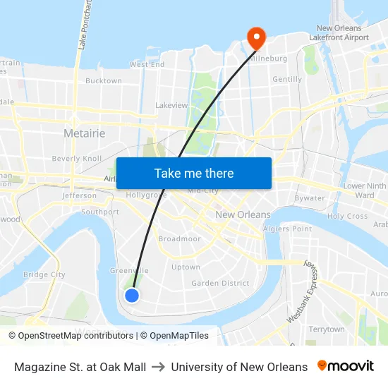 Magazine St. at Oak Mall to University of New Orleans map