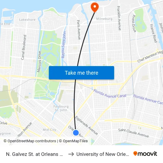 N. Galvez St. at Orleans Ave. to University of New Orleans map