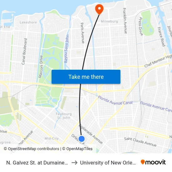 N. Galvez St. at Dumaine St. to University of New Orleans map