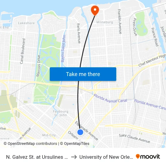 N. Galvez St. at Ursulines Ave. to University of New Orleans map