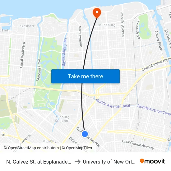 N. Galvez St. at Esplanade Ave. to University of New Orleans map