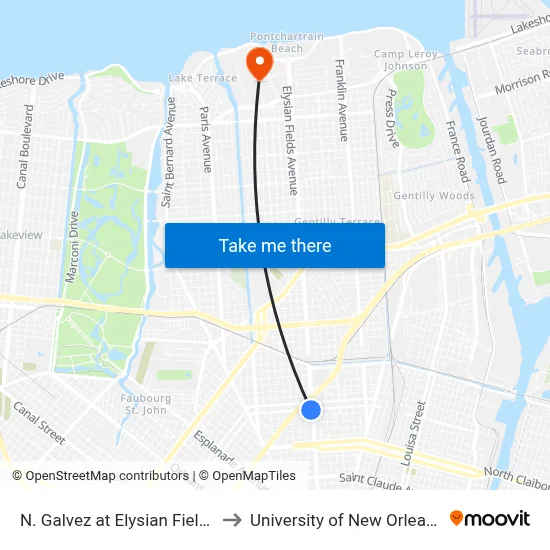 N. Galvez at Elysian Fields to University of New Orleans map