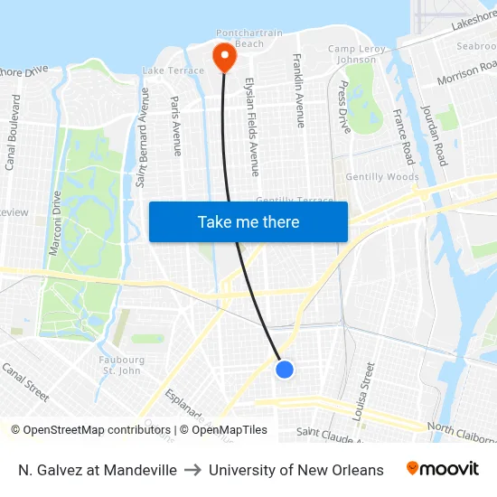 N. Galvez at Mandeville to University of New Orleans map