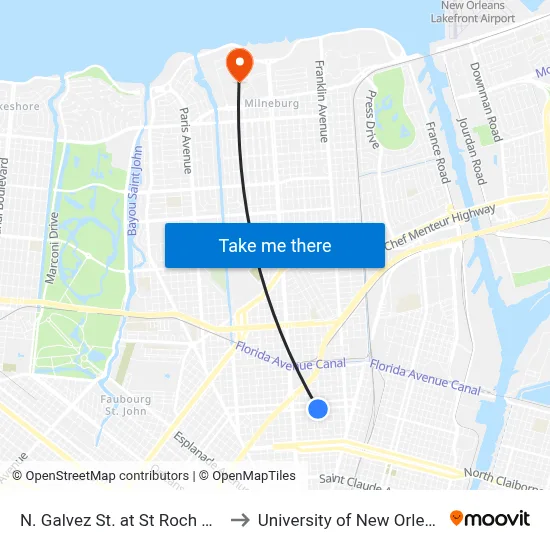 N. Galvez St. at St Roch Ave. to University of New Orleans map
