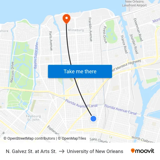 N. Galvez St. at Arts St. to University of New Orleans map