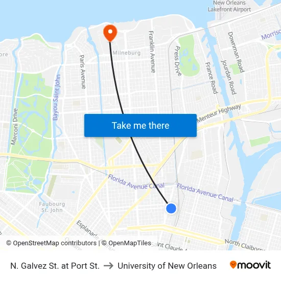 N. Galvez St. at Port St. to University of New Orleans map