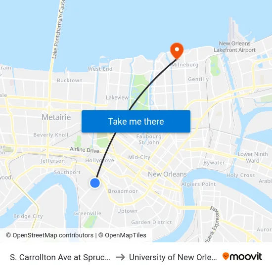 S. Carrollton Ave at Spruce St to University of New Orleans map