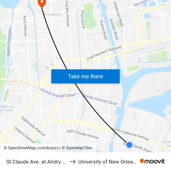 St Claude Ave. at Andry St. to University of New Orleans map