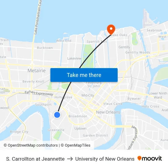S. Carrollton at Jeannette to University of New Orleans map