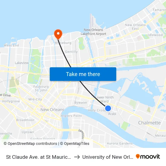 St Claude Ave. at St Maurice Ave. to University of New Orleans map