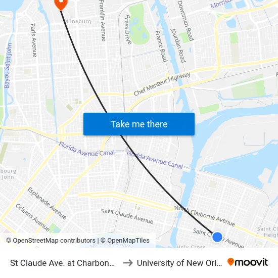 St Claude Ave. at Charbonnet St. to University of New Orleans map