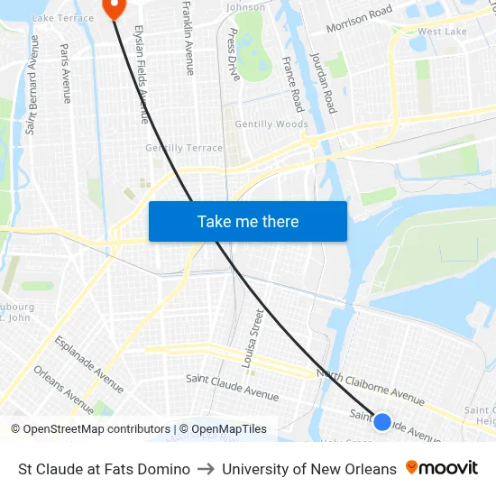 St Claude at Fats Domino to University of New Orleans map