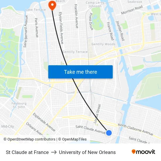St Claude at France to University of New Orleans map