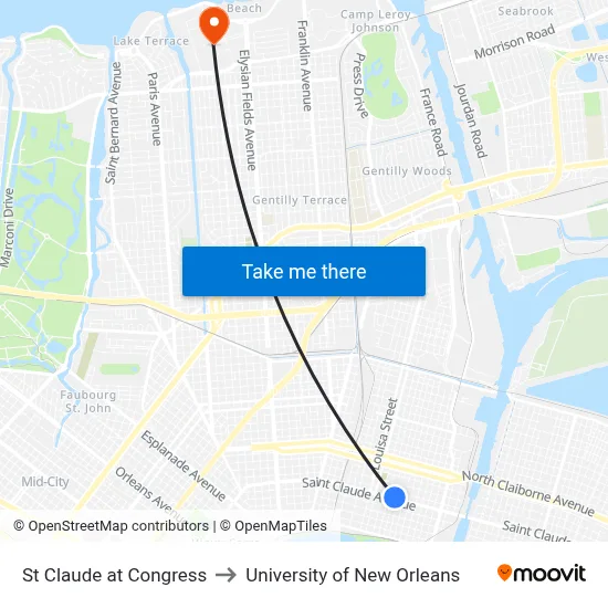 St Claude at Congress to University of New Orleans map