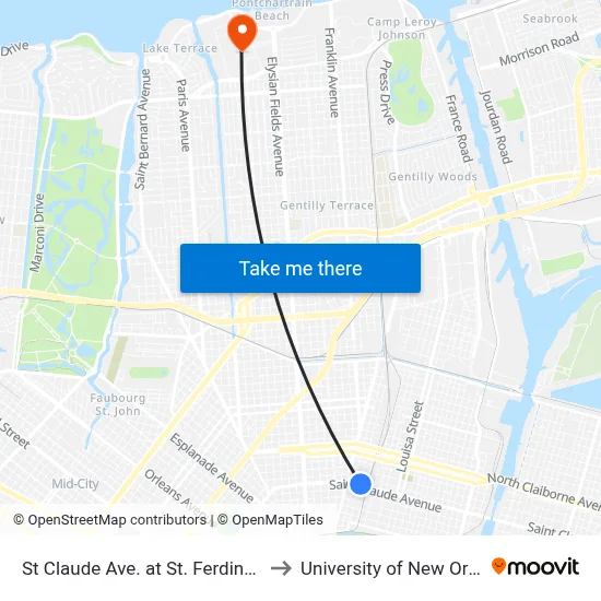 St Claude Ave. at St. Ferdinand St. to University of New Orleans map