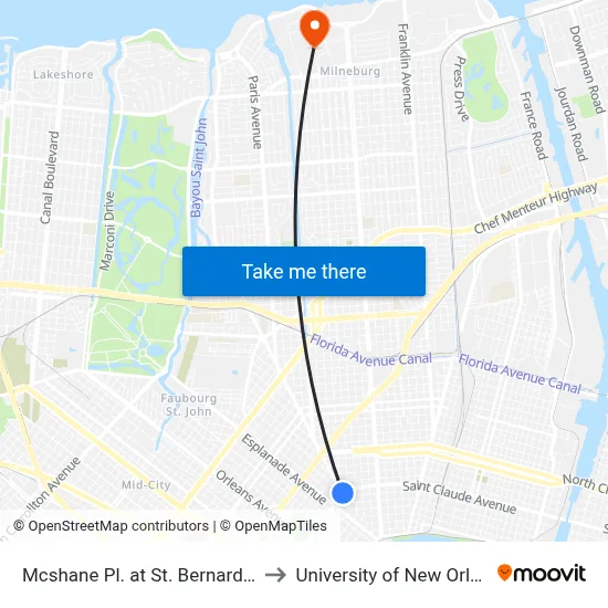 Mcshane Pl. at St. Bernard Ave. to University of New Orleans map