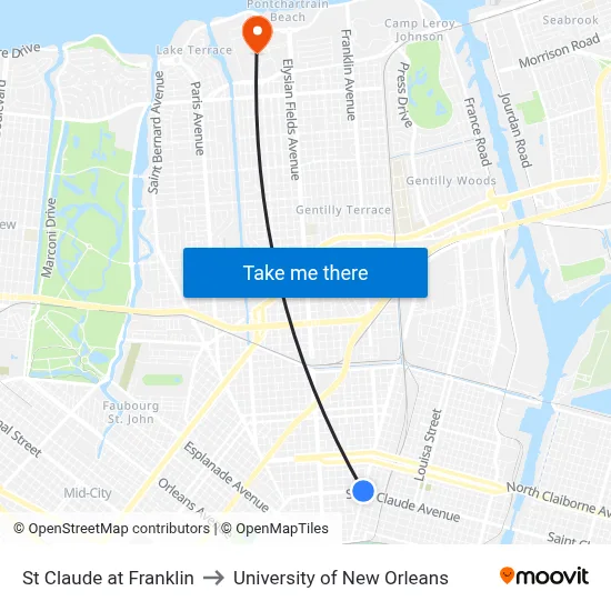 St Claude at Franklin to University of New Orleans map