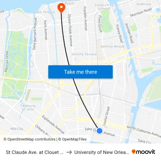St Claude Ave. at Clouet St. to University of New Orleans map