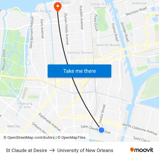St Claude at Desire to University of New Orleans map