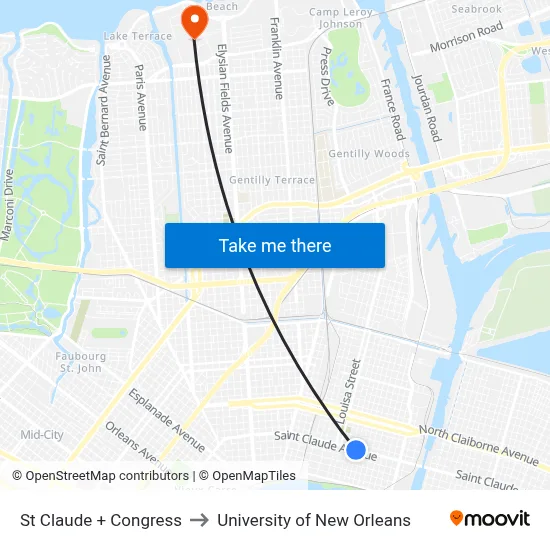 St Claude + Congress to University of New Orleans map