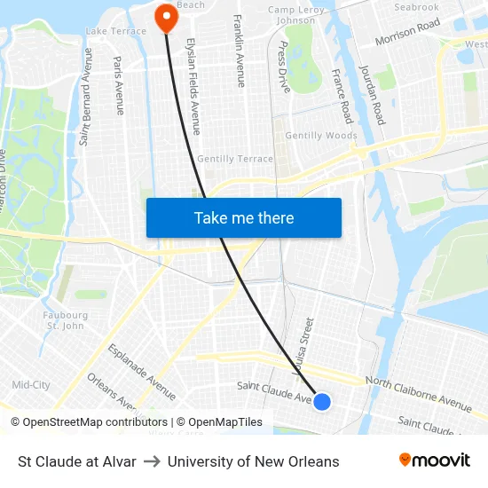 St Claude at Alvar to University of New Orleans map