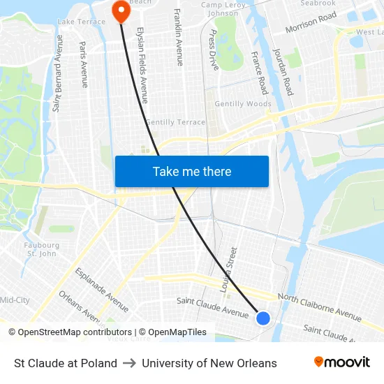 St Claude at Poland to University of New Orleans map