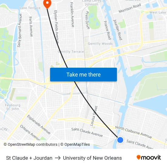 St Claude + Jourdan to University of New Orleans map