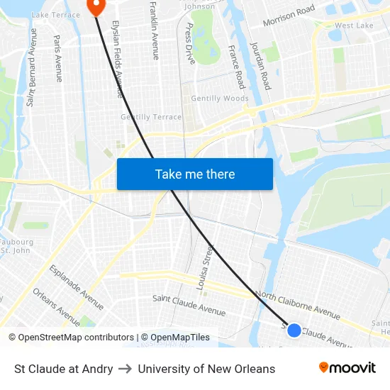 St Claude at Andry to University of New Orleans map