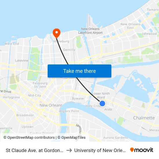 St Claude Ave. at Gordon St. to University of New Orleans map