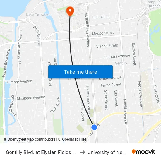 Gentilly Blvd. at Elysian Fields Ave. (Farside) to University of New Orleans map