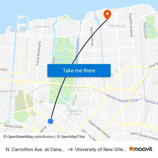 N. Carrollton Ave. at Canal St. to University of New Orleans map