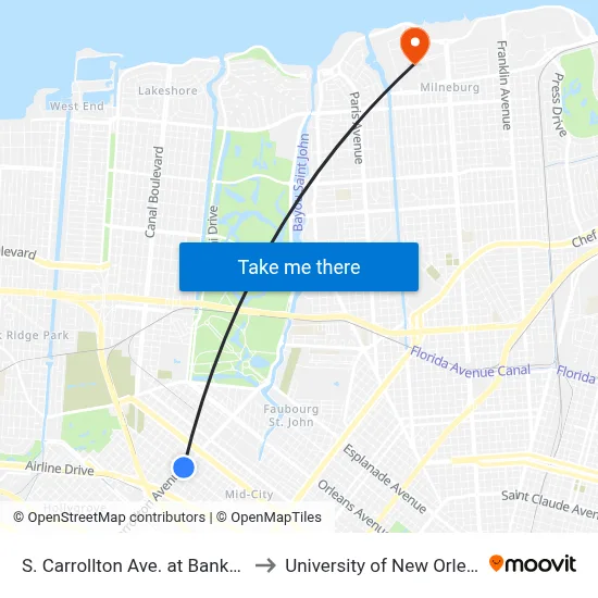 S. Carrollton Ave. at Banks St. to University of New Orleans map