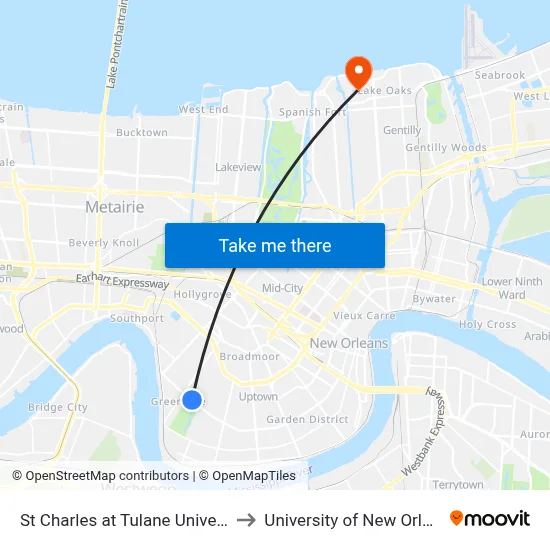 St Charles at Tulane University to University of New Orleans map