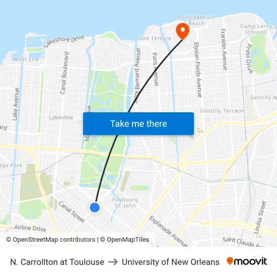 N. Carrollton at Toulouse to University of New Orleans map