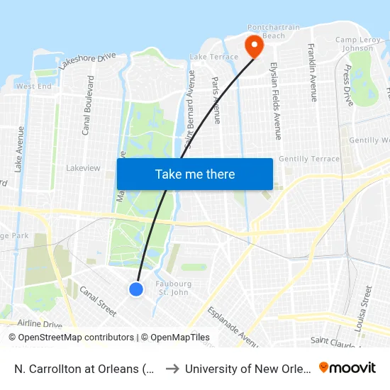 N. Carrollton at Orleans (Bus) to University of New Orleans map