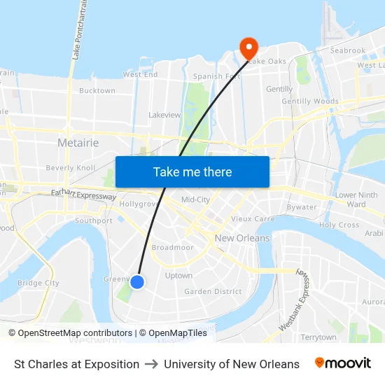 St Charles at Exposition to University of New Orleans map