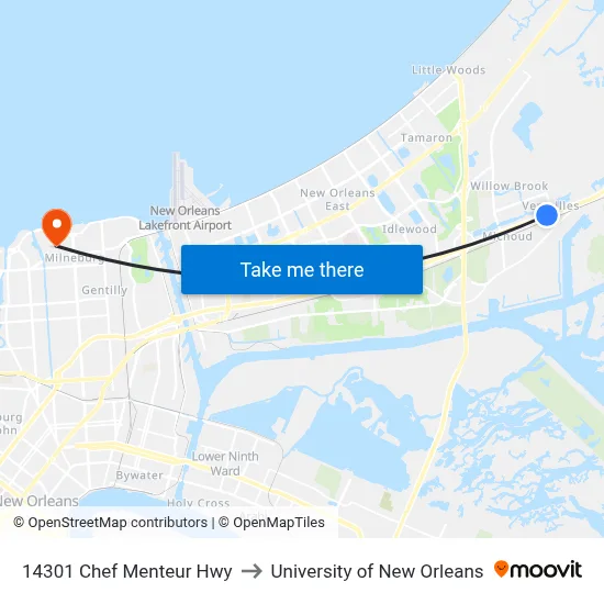 14301 Chef Menteur Hwy to University of New Orleans map