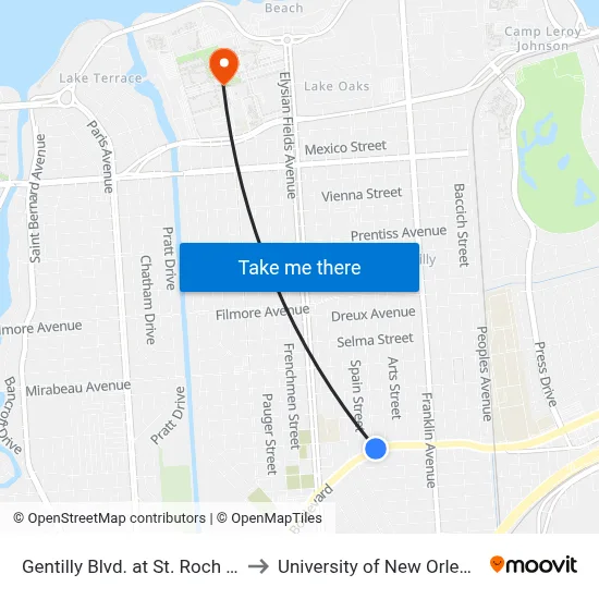 Gentilly Blvd. at St. Roch St. to University of New Orleans map