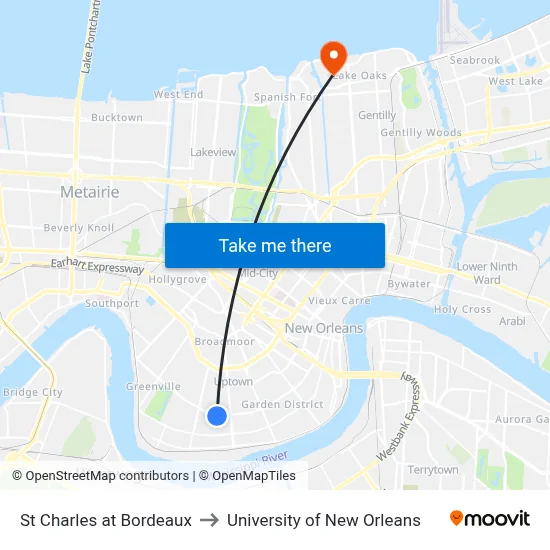 St Charles at Bordeaux to University of New Orleans map