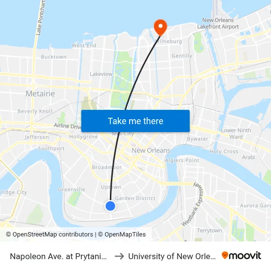 Napoleon Ave. at Prytania St. to University of New Orleans map