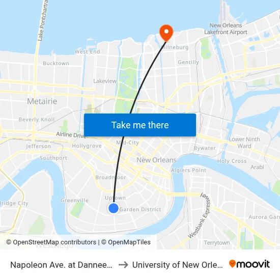 Napoleon Ave. at Danneel St. to University of New Orleans map