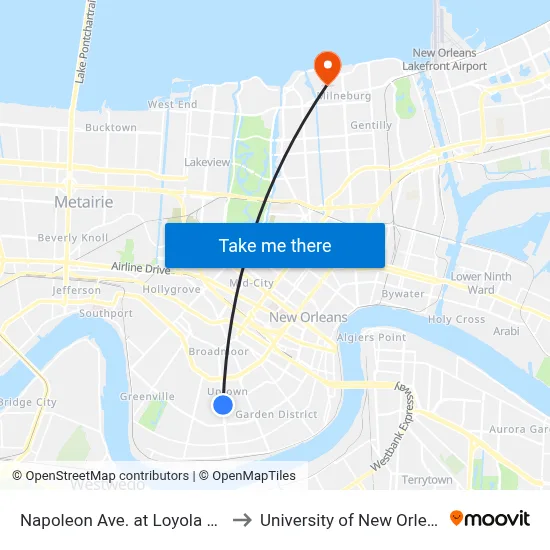 Napoleon Ave. at Loyola Ave. to University of New Orleans map