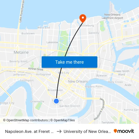 Napoleon Ave. at Freret St. to University of New Orleans map