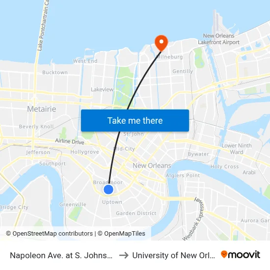 Napoleon Ave. at S. Johnson St. to University of New Orleans map