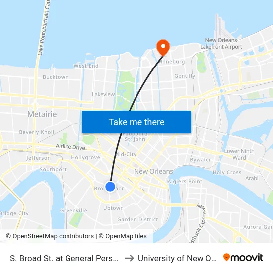 S. Broad St. at General Pershing St. to University of New Orleans map