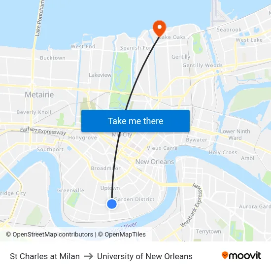 St Charles at Milan to University of New Orleans map