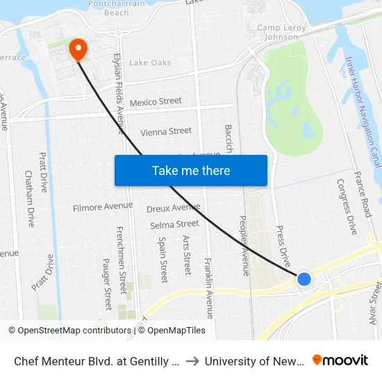 Chef Menteur Blvd. at Gentilly Woods Mall to University of New Orleans map