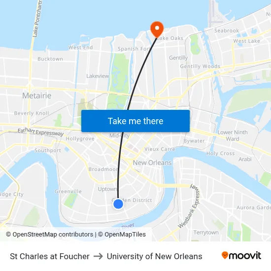 St Charles at Foucher to University of New Orleans map
