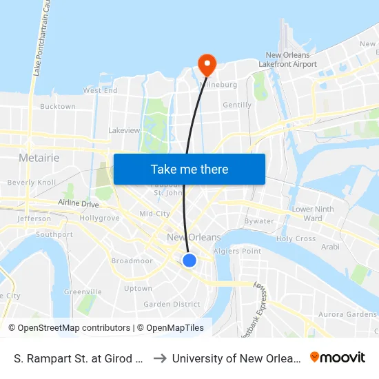 S. Rampart St. at Girod St. to University of New Orleans map